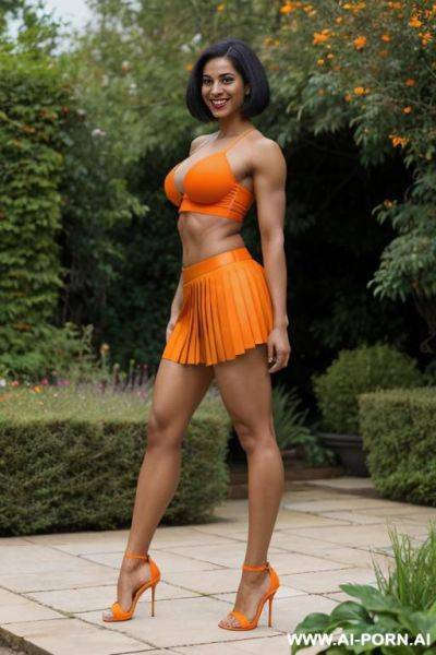 Indian, short hair, fit, abs, muscular arms, big ass, tall, long legs, navel piercing, orange bra, orange pleat skirt, looking at camera, full body, stiletto, in garden, bending down, side view - ai-porn.ai - India on pornsimulated.com
