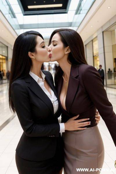 Two beautiful business women kissing in the mall - ai-porn.ai on pornsimulated.com