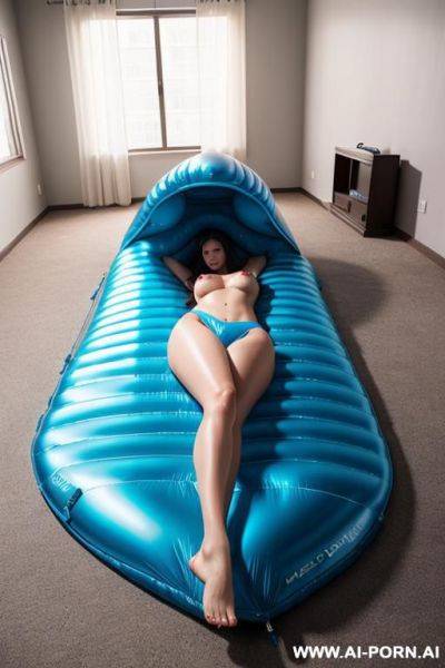 A single, tight fit form, shiny, puffy sleeping bag lies on the ground. inside the sleeping bag are having two , slender adult women sex. - ai-porn.ai on pornsimulated.com