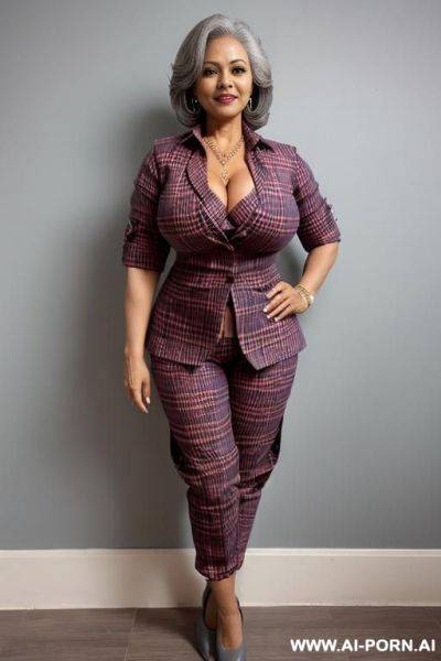 Gorgoues mature cougar, cougar, huge silicone breasts, pear shape body, triangular hips, thick alluring thighs, full body view, grey hair, - ai-porn.ai on pornsimulated.com