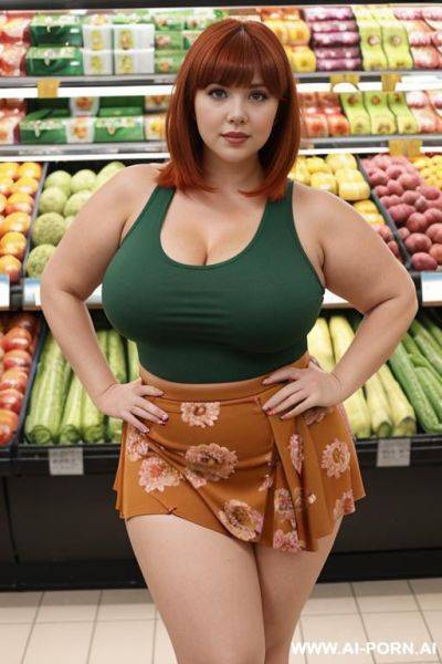 Chubby woman, full body, standing, red hair with bangs, triangular hips, thick thighs, wearing a green tank top, wearing a long flowered skirt, supermarket - ai-porn.ai on pornsimulated.com