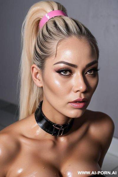 Polynesian manga blonde bimbo, submissive face, blowjob mouth, pink makeup, massive boobs, tight waist, wet hair slicked back into ponytail, wearing wet latex, cumshot on tits, kneeling pov, closeup on face, sex dungeon scene, wearing collar - ai-porn.ai on pornsimulated.com