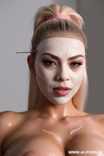 Polynesian blonde bimbo, submissive face, blowjob mouth, pink makeup, massive boobs, waist, wet hair slicked back into ponytail, completely covered in wet latex, blindfolded, bukkake on face, pov, closeup on face, sex dungeon scene - ai-porn.ai on pornsimulated.com