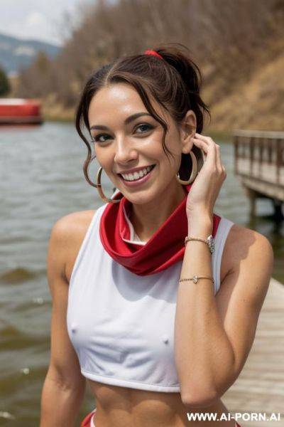 Slender, (((standing naked on a dock on a river))), (((arms up adjusting hair))), (((smiling))), (((hoop earrings))), ((medium brown hair)), (((no tattoos))) - ai-porn.ai on pornsimulated.com