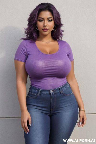 A tanned skin latin woman, wearing jeans short and purple t-shirt. thick thighs and curvy body, medium breasts, beautiful face - ai-porn.ai on pornsimulated.com