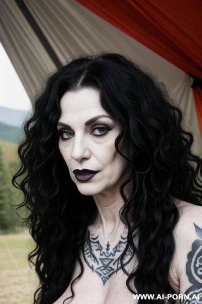 Old mature goth naked with tatoos and black lipstick . full body view long curly hair - ai-porn.ai on pornsimulated.com