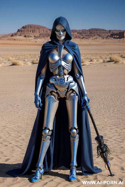 Skeleton cyborg droid woman with glowing blue eyes and blue led lights on body standing in a desert wearing a ragged cloak holding a staff - ai-porn.ai on pornsimulated.com
