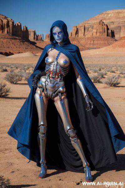 Skeleton cyborg droid woman and man with glowing blue and red eyes and blue and red led lights on body posing seductively in a desert wearing a ragged cloak - ai-porn.ai on pornsimulated.com