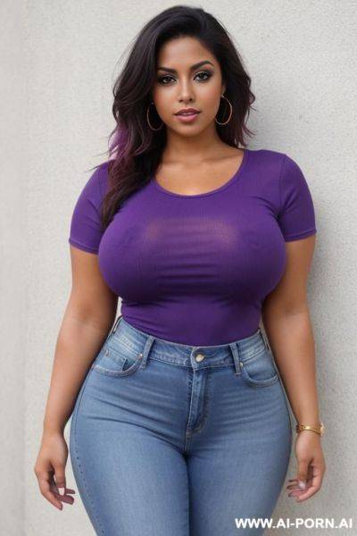 A tanned skin latin woman, wearing jeans short and purple t-shirt. thick thighs and curvy body, medium breasts, beautiful face - ai-porn.ai on pornsimulated.com