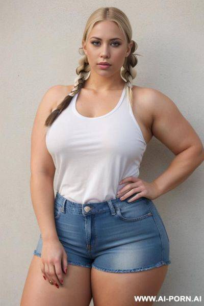 Huge gigantic massive oversized obese bulked up thighs, jean shorts, white tight wet t-shirt, standing - ai-porn.ai on pornsimulated.com