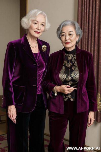 One woman british in velvet clothes and one mature japanese in velvet clothes and one granny in velvet clothes - ai-porn.ai - Britain - Japan on pornsimulated.com