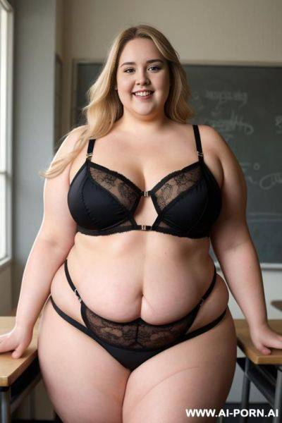 Half body photo shot from dinamyc angle, about at classroom, (((very obese))) fat bbw curvy teacher, she is reading a resume - ai-porn.ai on pornsimulated.com