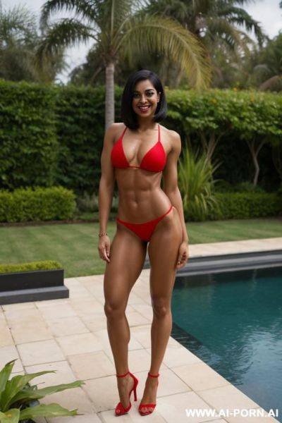 Indian, short hair, fit, abs, muscular arms, big ass, tall, long legs, navel piercing, red skimpy bikini, black bath robe, looking at camera, full body, stiletto, in garden - ai-porn.ai - India on pornsimulated.com