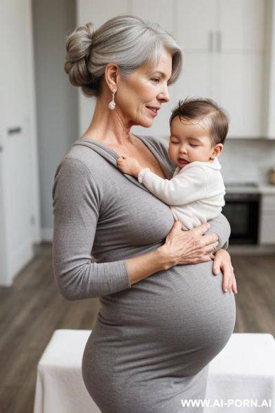 Pregnant gilf is hip carrying her crying grandchil. gray hair. chignon. nsfw. - ai-porn.ai on pornsimulated.com