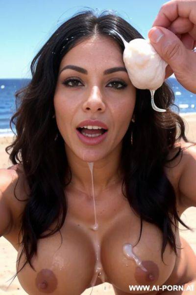 Moroccan woman and white man, super sun tanned, woman with fluffy curly hair, black hair, lean body, tits, totally naked, man with middle size muscles, big dick, facial cumshot for first time, mediterranean beach - ai-porn.ai - Morocco on pornsimulated.com