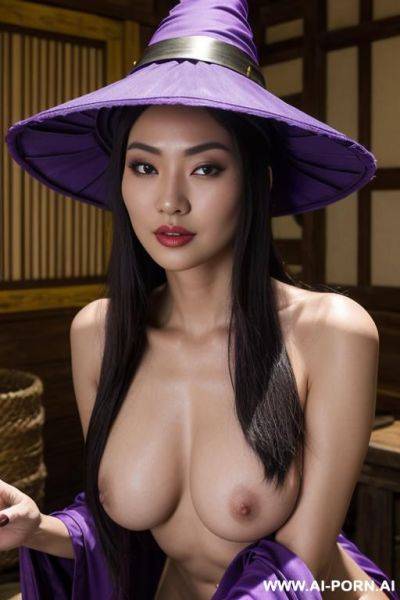 (close up) (asian witch) (skimpy purple witch outfit) (witch hat) (nip slip) (adventurer tavern) (casting magic spell) - ai-porn.ai on pornsimulated.com