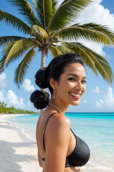 , bimbo, voluptuous, wide hips, smile, black hair, long hair wavy bun, bikini, beach - ai-porn.ai on pornsimulated.com