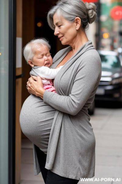Pregnant gilf is hip carrying her crying grandchil. gray hair. chignon. - ai-porn.ai on pornsimulated.com