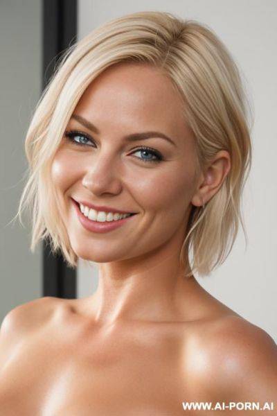 Scandinavian blond bitch, busty, playmate, smiling, short hair, naked - ai-porn.ai on pornsimulated.com