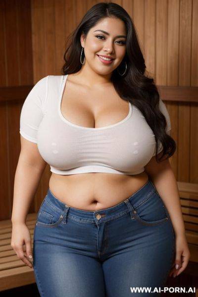 Supermodel, mexican, chola style, massive round hips hips, pear shaped, tight jeans, side angle, very chubby, tight white shirt, huge round belly - ai-porn.ai - Mexico on pornsimulated.com
