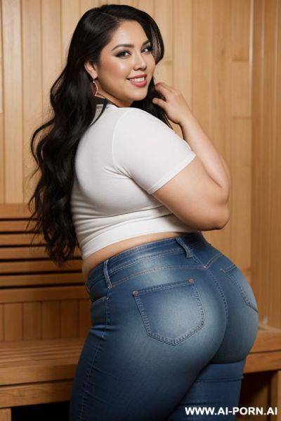 Supermodel, mexican, chola style, massive round hips hips, pear shaped, tight jeans, side angle, very chubby, tight white shirt, huge ass - ai-porn.ai - Mexico on pornsimulated.com