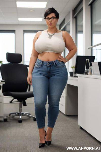 Chubby woman, hourglass figure, short silver hair, big boobs, tight short jeans, high heels, crop top, camera full body view, office, eyeglasses, - ai-porn.ai on pornsimulated.com