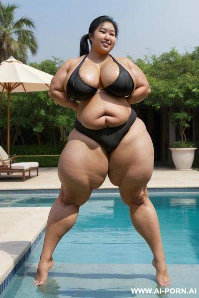 Vietnamese, beautiful, black hair, ponytail, happy, boobs, breasts, topless, panties, tits, standing, pool, (((huge massive gigantic obese bulked up thighs))) - ai-porn.ai - Vietnam on pornsimulated.com