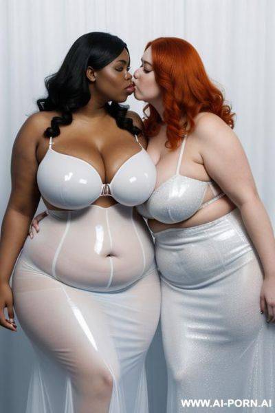 A white obese fat woman with gigantic huge boobs, ginger hair, in transparent blue latex ballgown kissing a ebony obese fat woman with gigantic huge boobs, white hair, in transparent white latex ballgown. - ai-porn.ai on pornsimulated.com