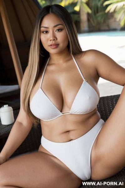Chubby shorty filipina milf. she has blonde highlights in her extremely long straight hair she is looking at the viewer. the woman is happy. the woman has teardrop shaped breasts. the woman - ai-porn.ai on pornsimulated.com
