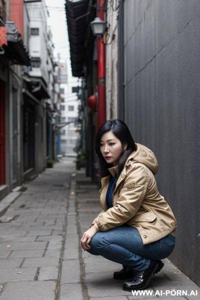 Chinese mature woman squatting in alley, outdoorjacket, jeans, side-view - ai-porn.ai - China on pornsimulated.com