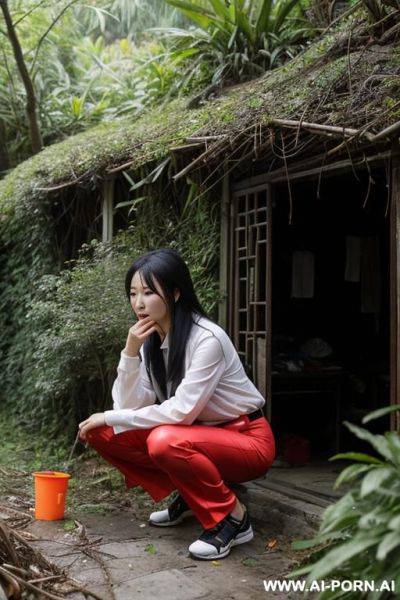 Chinese woman squatting in messy undergrowth, pants, side-view - ai-porn.ai - China on pornsimulated.com
