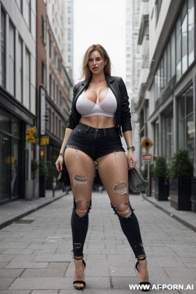 Full body view. extremely tall english growing giantess bursting through her ripped shrunken clothes. bulging out of clothes that are shrunken and falling apart. smashing through the city - ai-porn.ai - Britain on pornsimulated.com