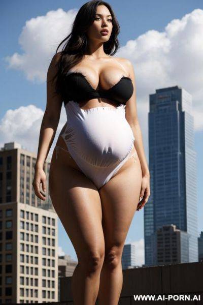 Giantess as tall as the sky. giantess has a massive pregnant belly. eating cake. giantess exploding out of a building. full body view. extremely slender tall growing giantess bursting through her - ai-porn.ai on pornsimulated.com