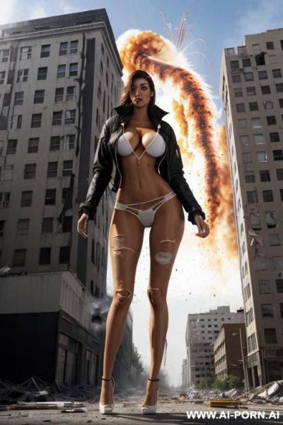 Exploding out of a building. full body view. extremely slender tall growing giantess bursting through her ripped to shreds shrunken clothes that are too tight. enormous growth, clothes cutting into skin. clothes exploding off her skin - ai-porn.ai on pornsimulated.com