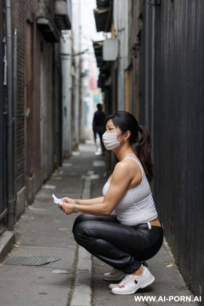Squatting in tra alley, normal-clothes, pants, tissues, side-view - ai-porn.ai on pornsimulated.com
