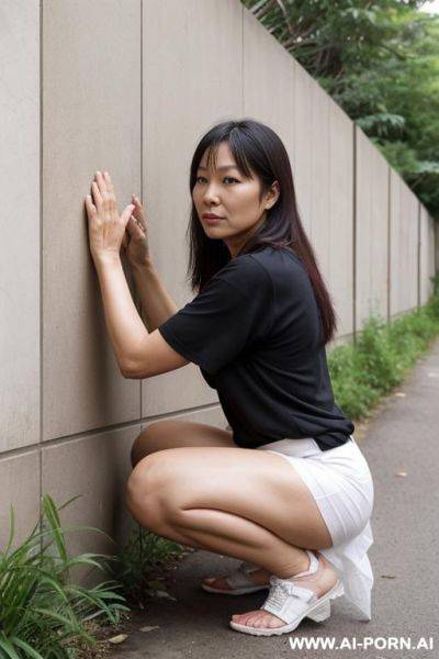 Squatting next to wall, und underbrush normal clothes, tissues - ai-porn.ai on pornsimulated.com
