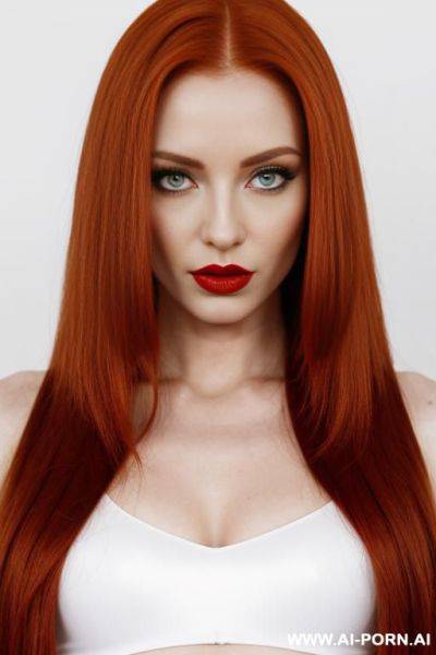 (long straight hair) (ginger hair) (makeup) (red lips) (ideal facial ratios) (see-through top) ((emo)) (athletic body) (large tattoo) (natural boobs) (erotic) (aroused) (flirty) (dominant) (bdms) (look into camera) (deep of field) (white background) - ai-porn.ai on pornsimulated.com