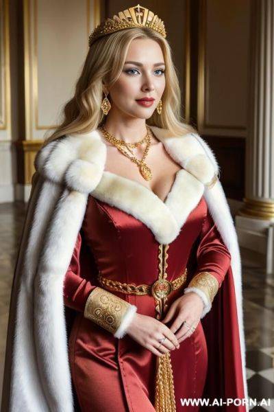 Ultra realistic, pretty british, milf women, red silk robe with golden stars, satin dress, silk, blond, attractive eyes and full lips, thick curvy body, long hair, flowing hair, sexy arms, wide - ai-porn.ai - Britain on pornsimulated.com
