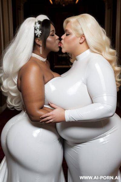 A white obese fat woman with gigantic huge boobs, ginger hair, in white latex ball gown kissing a ebony obese fat woman with gigantic huge boobs, white hair, in white latex bridedress. - ai-porn.ai on pornsimulated.com