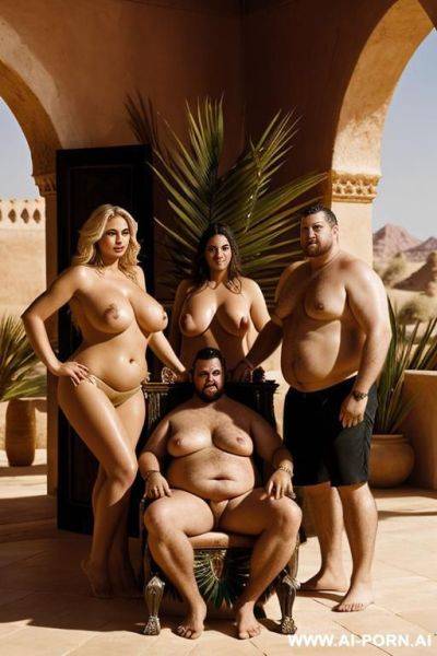 Massive fat man on a throne, with 2 beautiful women standing. topless. thong. in a desert palace. feeding him dates. fan with palm leaves. drinking wine. grabbing breasts. - ai-porn.ai on pornsimulated.com
