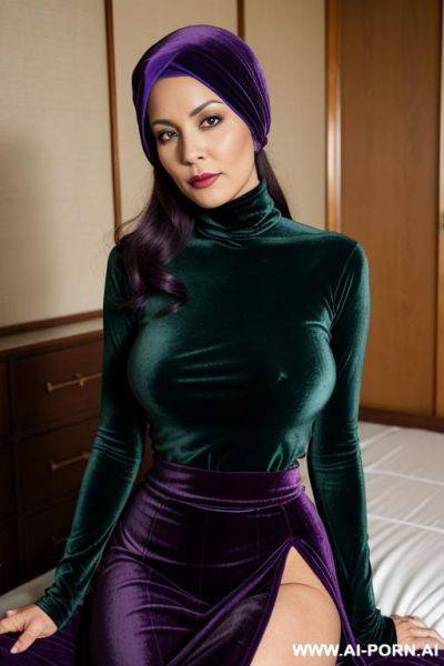 Busty old milf velvet purple hijab show tits in velvet green halter turtleneck shirt and velvet red split skirt - ai-porn.ai on pornsimulated.com