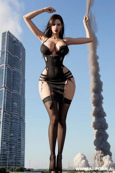 Giantess as tall as the sky. full body view. extremely tall growing giantess bursting through her ripped to shreds shrunken dress that is too tight. clothes are in tatters and are exploding off her into bits - ai-porn.ai on pornsimulated.com