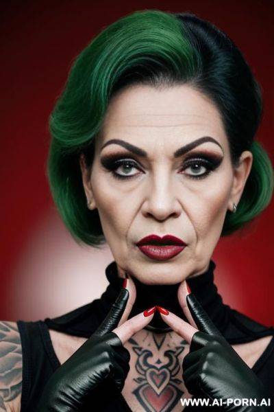 Red fingerless short gloves, full tattooed, hard make-up, big green lips - ai-porn.ai on pornsimulated.com