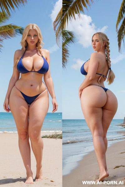 Tall busty american woman, blonde twintails, blue eyes, gorgeous face, massive boobs, waist, huge ass, wide hips, thick legs, seductive, beach, full body picture, standing up, front view, micro bikini - ai-porn.ai - Usa on pornsimulated.com