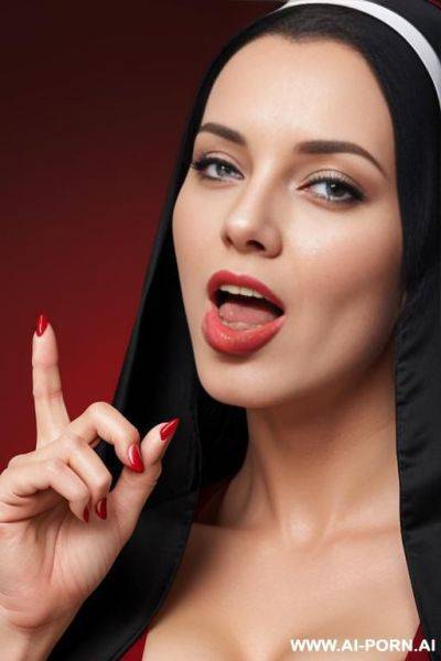 A photorealistic cinematic middle side image of a gorgeous nun looking seductive to the camera with her tongue out with her middle finger touching her tongue with a red background - ai-porn.ai on pornsimulated.com