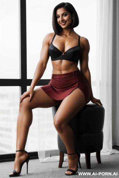 Indian, short hair, fit, abs, curvy, muscular arms, big ass, tall, long legs, navel piercing, deep red bra, deep red pleat skirt, double slit skirt, looking at camera, full body, stiletto, in toom, sitting - ai-porn.ai - India on pornsimulated.com