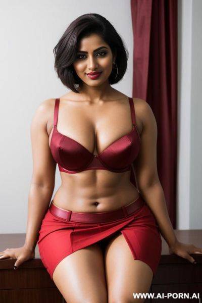 Indian, short hair, fit, abs, muscular arms, big ass, tall, long legs, navel piercing, deep red bra, deep red pleat skirt, double slit skirt, looking at camera, full body, stiletto, in room, sitting - ai-porn.ai - India on pornsimulated.com