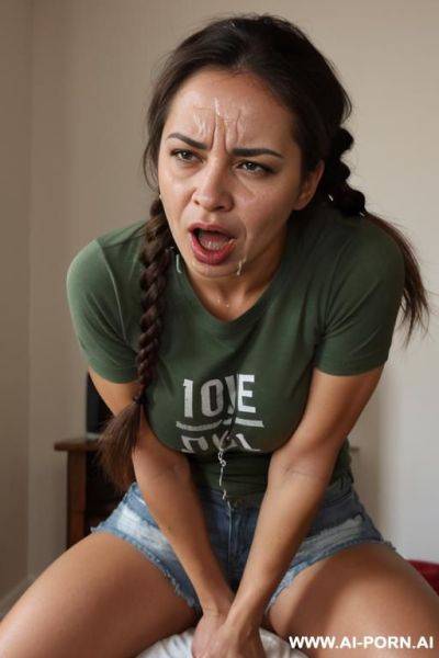 20 year old, latina, handcuffed, round ass, large breasts, angry expression, braided brown hair, denim shorts, green t-shirt, , full lips - ai-porn.ai on pornsimulated.com