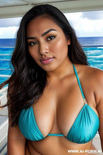 Beautiful tahitian woman, big plump natural breasts, pretty make up, wearing bikini, on cruise ship, ((keep face)), ((keep body)), - ai-porn.ai on pornsimulated.com