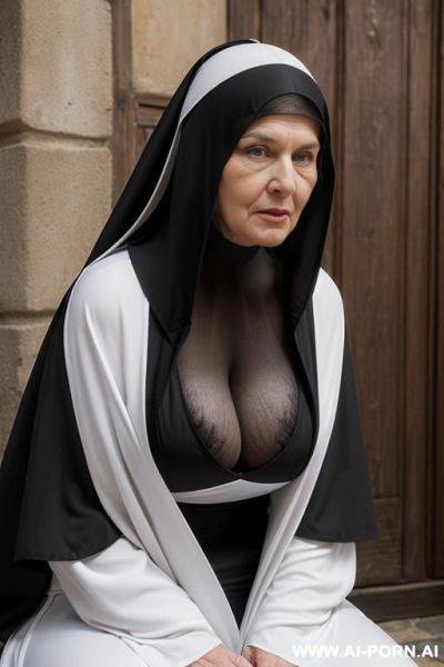 Woman is nun, she is totally nude but has a scarf on her head, full nude, only a scarf, she is in the medieval european city ((old city)), ((sexy ultra hot old nun mature granny nun - ai-porn.ai on pornsimulated.com